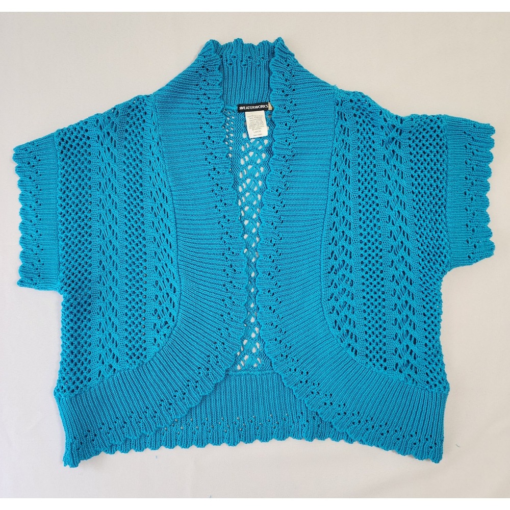 Sweaterworks Turquoise Blue Open Knit Cardigan Short Sleeve Shrug Bolero Large